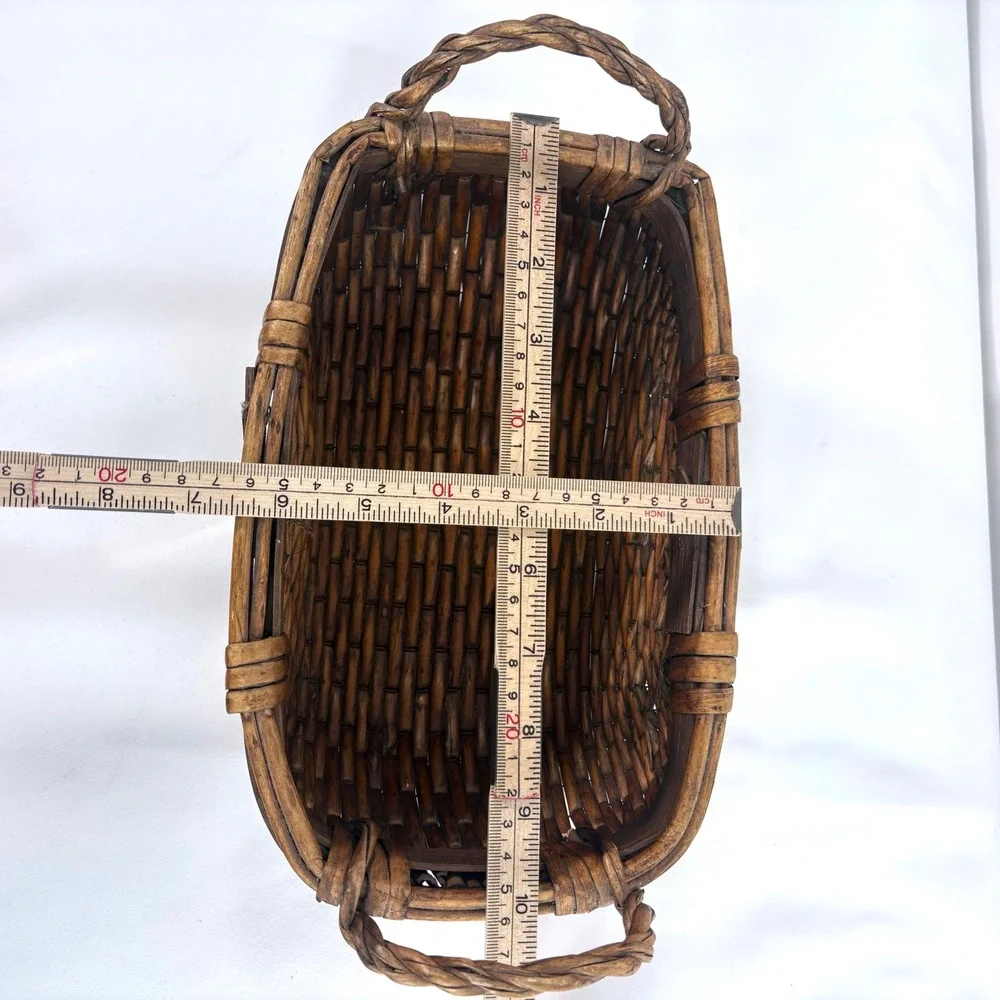 Vintage Chinese Woven Willow Basket Brown Woven Handles Wabi-Sabi